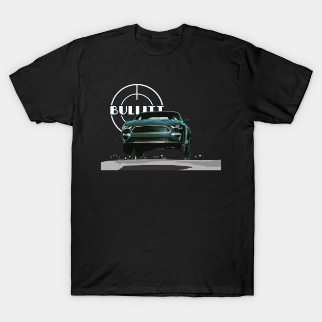 bullitt Mustang GT 5.0L V8 Classic steve mcqueen Muscle Car jump san francisco T-Shirt by cowtown_cowboy